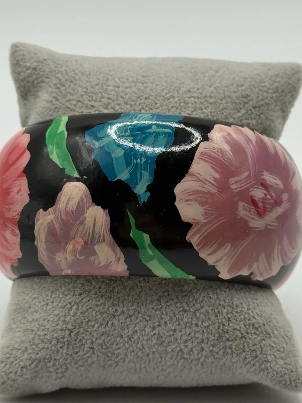 Black Floral Painted Cuff Bracelet in Pink and Green